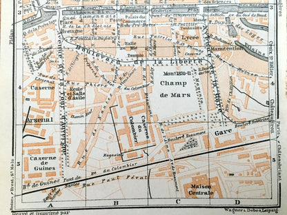 Antique 1909 Rennes, France Map from Baedekers Guide Atlas –  Brittany, Medieval, Cathedral, Vilaine River, Canal, Gare, Caserne, Seminary
