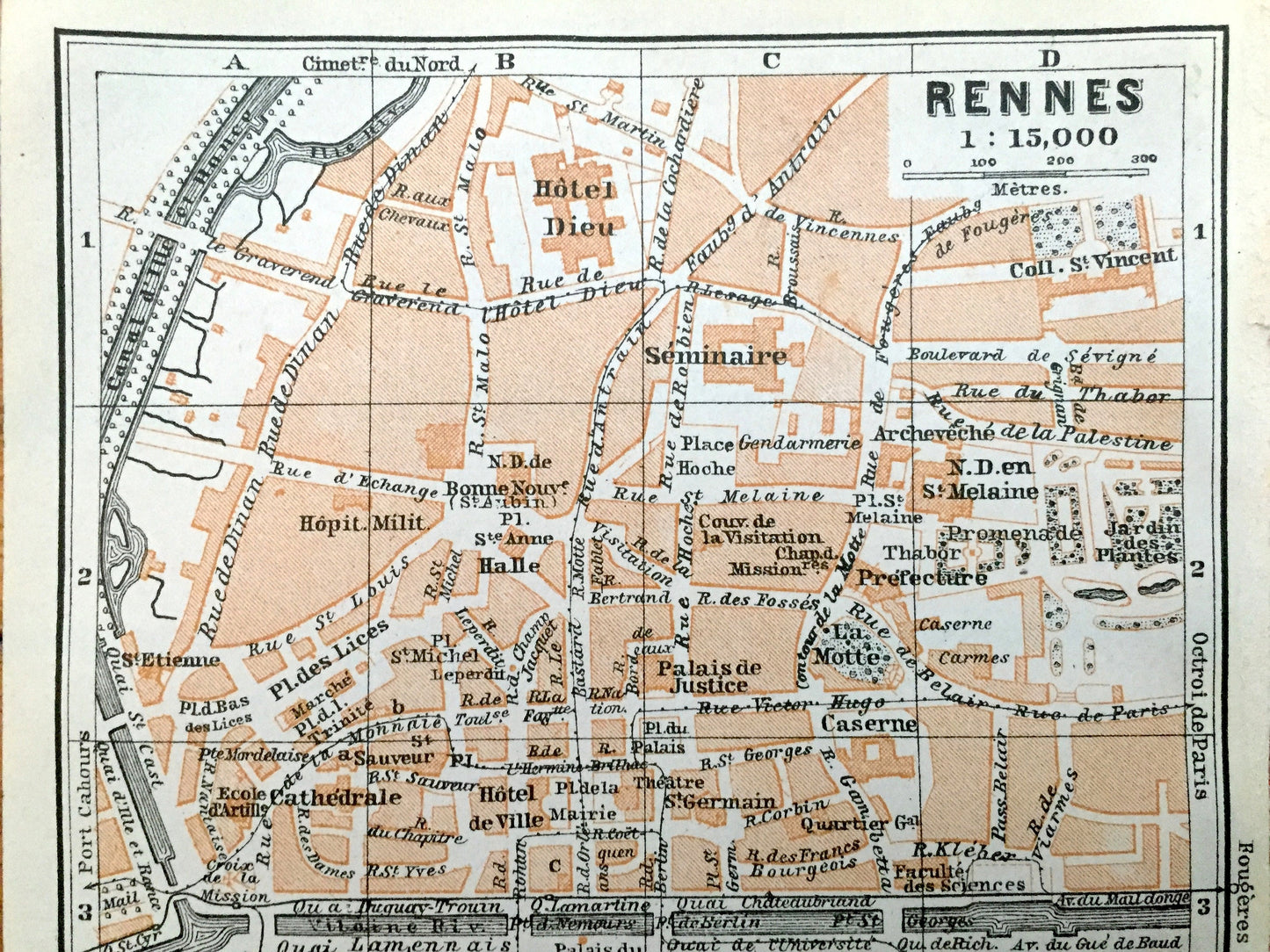 Antique 1909 Rennes, France Map from Baedekers Guide Atlas –  Brittany, Medieval, Cathedral, Vilaine River, Canal, Gare, Caserne, Seminary