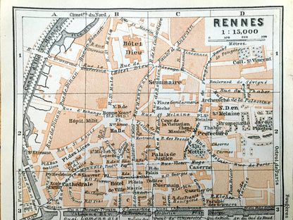 Antique 1909 Rennes, France Map from Baedekers Guide Atlas –  Brittany, Medieval, Cathedral, Vilaine River, Canal, Gare, Caserne, Seminary