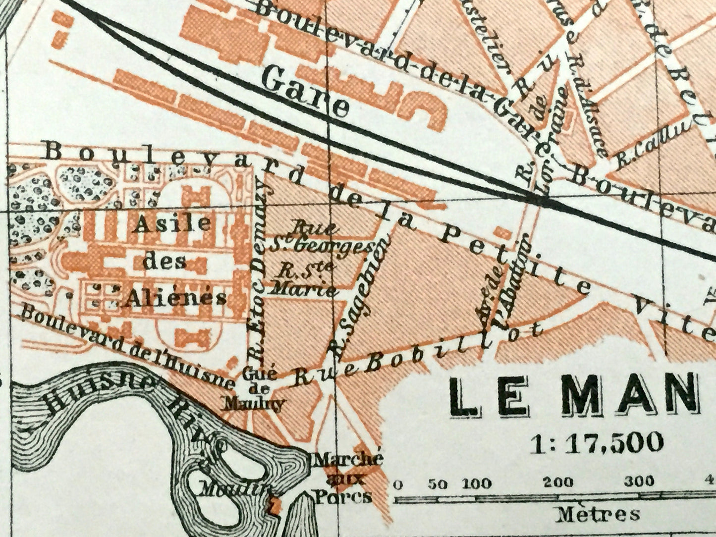 Antique 1909 Le Mans, France Map from Baedekers Guide Atlas –  Gothic, Medieval, Sarthe River, L'Huisne River, Gare, Port, Pays de la Loire