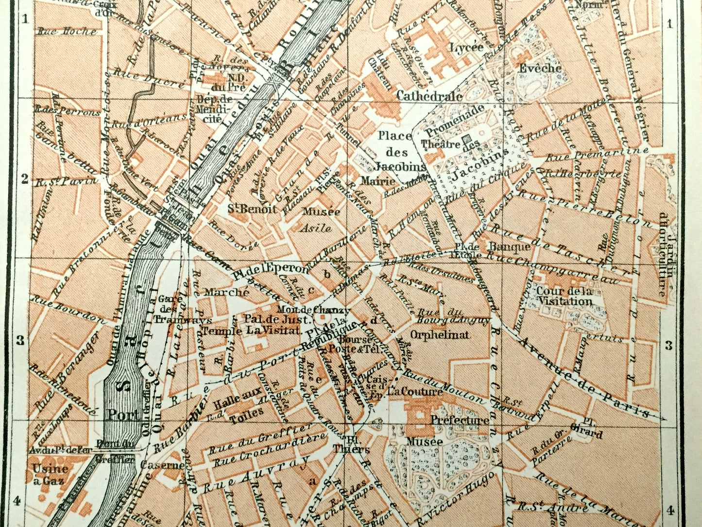 Antique 1909 Le Mans, France Map from Baedekers Guide Atlas –  Gothic, Medieval, Sarthe River, L'Huisne River, Gare, Port, Pays de la Loire