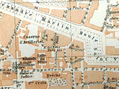 Antique 1909 Orleans, France Map from Baedekers Guide Atlas – Loire River, Joan of Arc history, Centre-Val de Loire, Faubourg Marceau, Gare