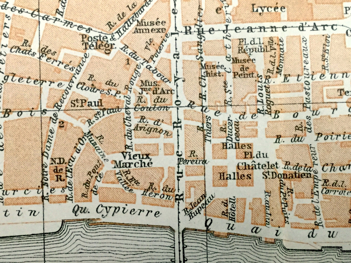 Antique 1909 Orleans, France Map from Baedekers Guide Atlas – Loire River, Joan of Arc history, Centre-Val de Loire, Faubourg Marceau, Gare