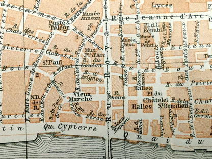 Antique 1909 Orleans, France Map from Baedekers Guide Atlas – Loire River, Joan of Arc history, Centre-Val de Loire, Faubourg Marceau, Gare