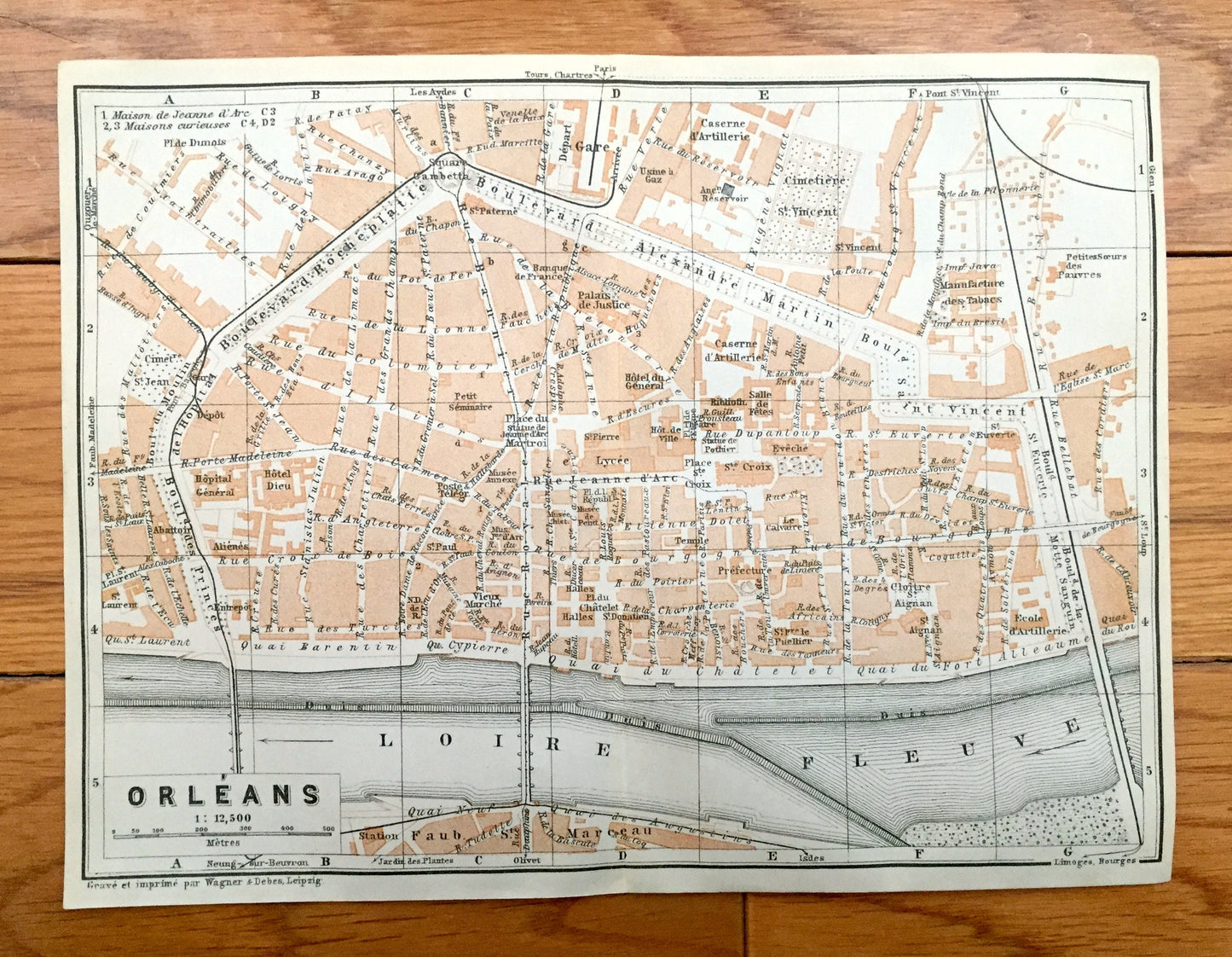 Antique 1909 Orleans, France Map from Baedekers Guide Atlas – Loire River, Joan of Arc history, Centre-Val de Loire, Faubourg Marceau, Gare