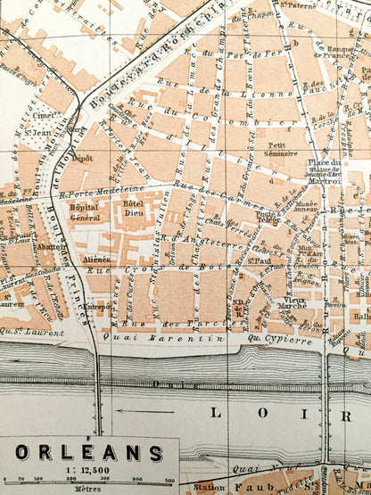 Antique 1909 Orleans, France Map from Baedekers Guide Atlas – Loire River, Joan of Arc history, Centre-Val de Loire, Faubourg Marceau, Gare
