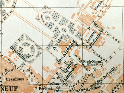 Antique 1909 Blois, France Map from Baedekers Guide Atlas –  Loire River, Loir-et-Cher department, Gothic Cathedral, Faubourgs Neuf & Vienne