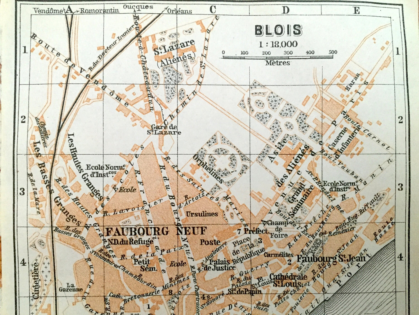 Antique 1909 Blois, France Map from Baedekers Guide Atlas –  Loire River, Loir-et-Cher department, Gothic Cathedral, Faubourgs Neuf & Vienne