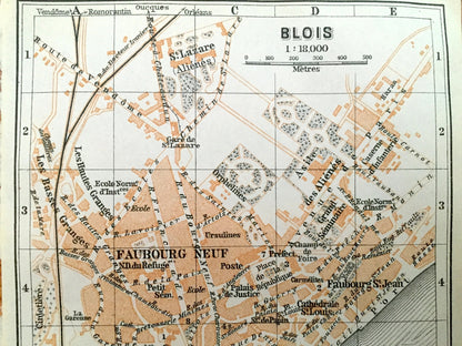 Antique 1909 Blois, France Map from Baedekers Guide Atlas –  Loire River, Loir-et-Cher department, Gothic Cathedral, Faubourgs Neuf & Vienne