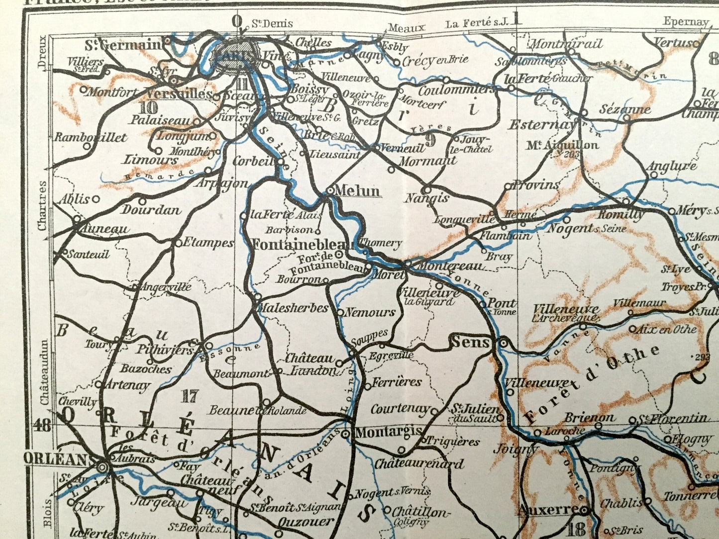 Antique 1909 South of Paris, France Map from Baedekers Guide Atlas – Lyon, Orleans, Troves, Langres, Bale, Strasbourg, Dijon, Geneva, Berne
