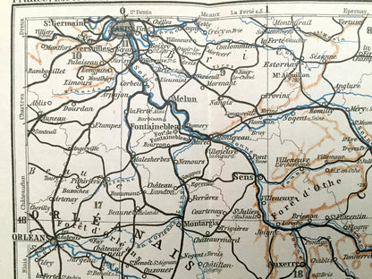 Antique 1909 South of Paris, France Map from Baedekers Guide Atlas – Lyon, Orleans, Troves, Langres, Bale, Strasbourg, Dijon, Geneva, Berne