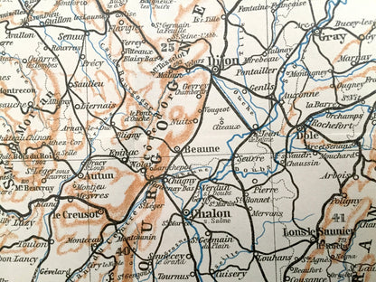 Antique 1909 South of Paris, France Map from Baedekers Guide Atlas – Lyon, Orleans, Troves, Langres, Bale, Strasbourg, Dijon, Geneva, Berne