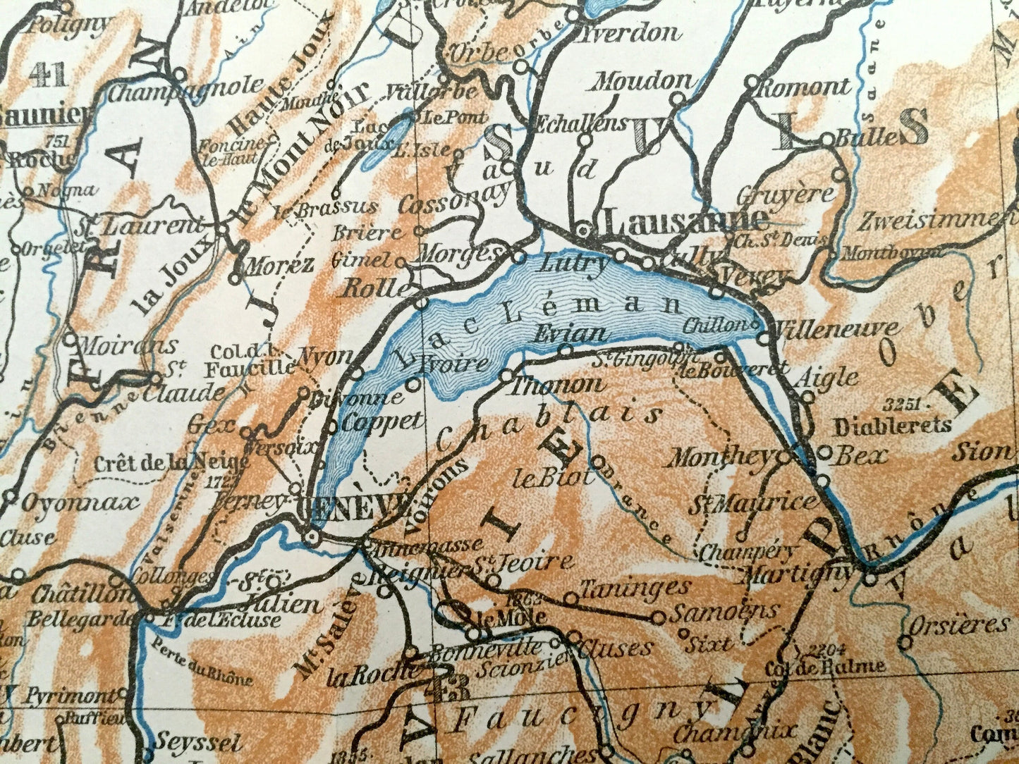 Antique 1909 South of Paris, France Map from Baedekers Guide Atlas – Lyon, Orleans, Troves, Langres, Bale, Strasbourg, Dijon, Geneva, Berne