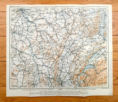 Antique 1909 South of Paris, France Map from Baedekers Guide Atlas – Lyon, Orleans, Troves, Langres, Bale, Strasbourg, Dijon, Geneva, Berne