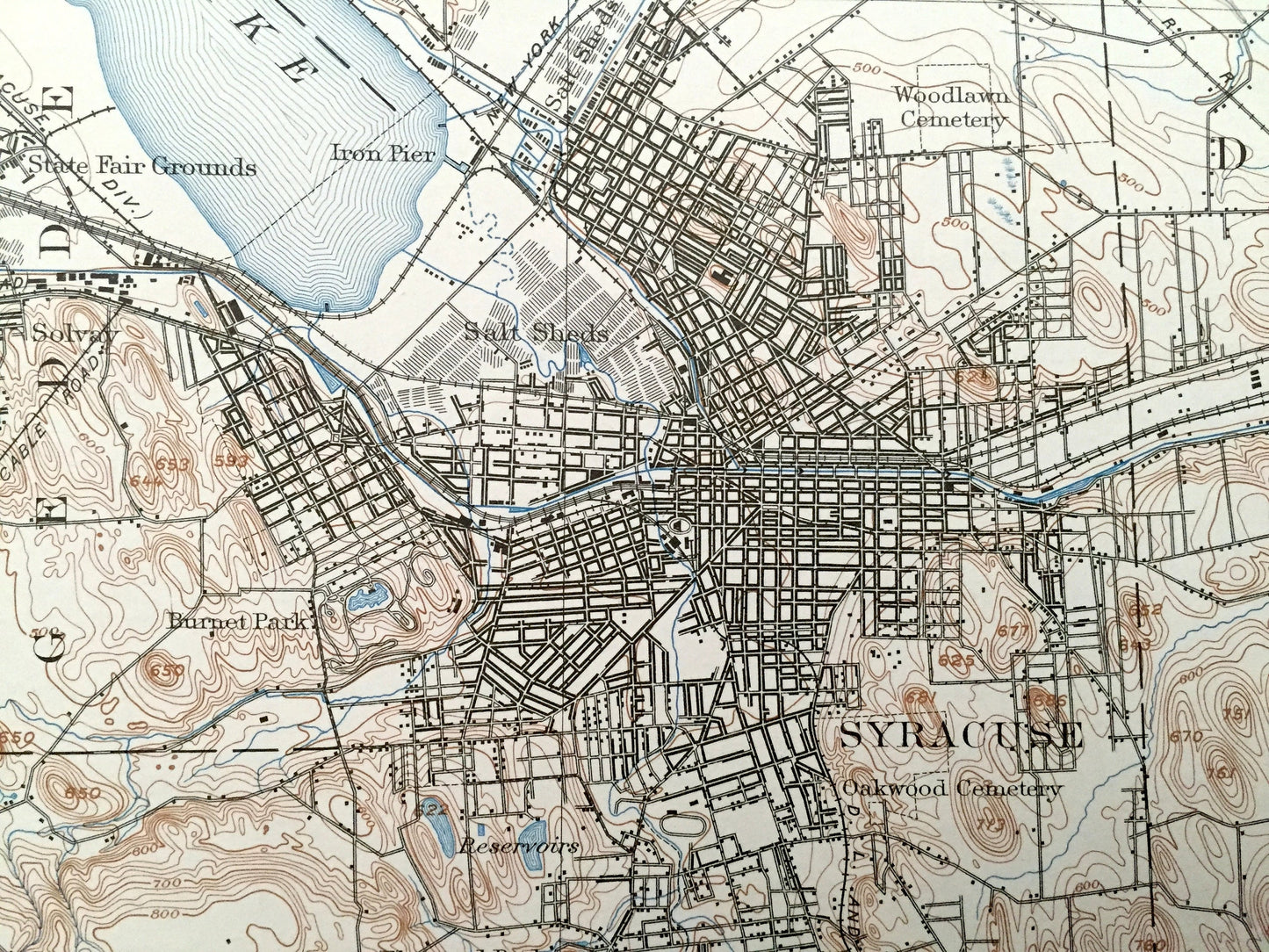 Antique Syracuse, New York 1898 US Geological Survey Topographic Map – Salina, Onondaga, Cicero, Clay, Fayetteville Liverpool Oneida Lake NY