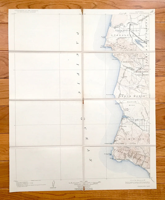 Antique Guadalupe, California 1905 US Geological Survey Topographic Map – Santa Barbara, San Luis Obispo County, Casmalia Surf Concepcion CA