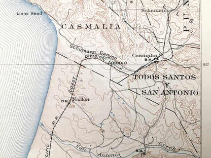 Antique Guadalupe, California 1905 US Geological Survey Topographic Map – Santa Barbara, San Luis Obispo County, Casmalia Surf Concepcion CA
