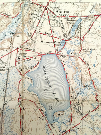 Antique Mansfield, Massachusetts 1941 US Geological Survey Topographic Map – Sharon, Foxborough, Norton, Easton, Furnace Village, Stoughton