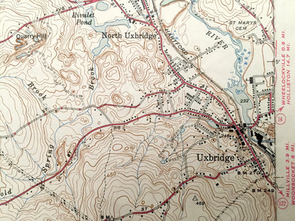 Antique Uxbridge, Massachusetts 1944 US Geological Survey Topographic Map – Sutton, Douglas, Northbridge, Burrillville, Rhode Island, MA RI