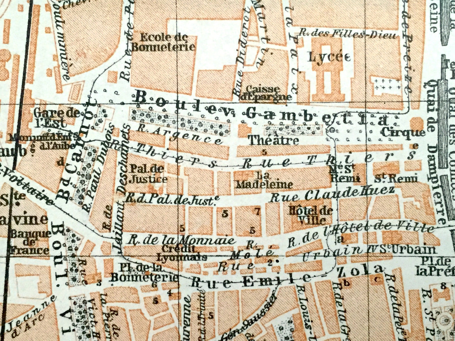 Antique 1909 Troyes, France Map from Baedekers Guide Atlas – Grand Est region, Medieval, Gothic, Boulevard Gambetta, Faubourg St. Jacques