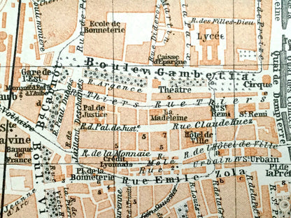 Antique 1909 Troyes, France Map from Baedekers Guide Atlas – Grand Est region, Medieval, Gothic, Boulevard Gambetta, Faubourg St. Jacques