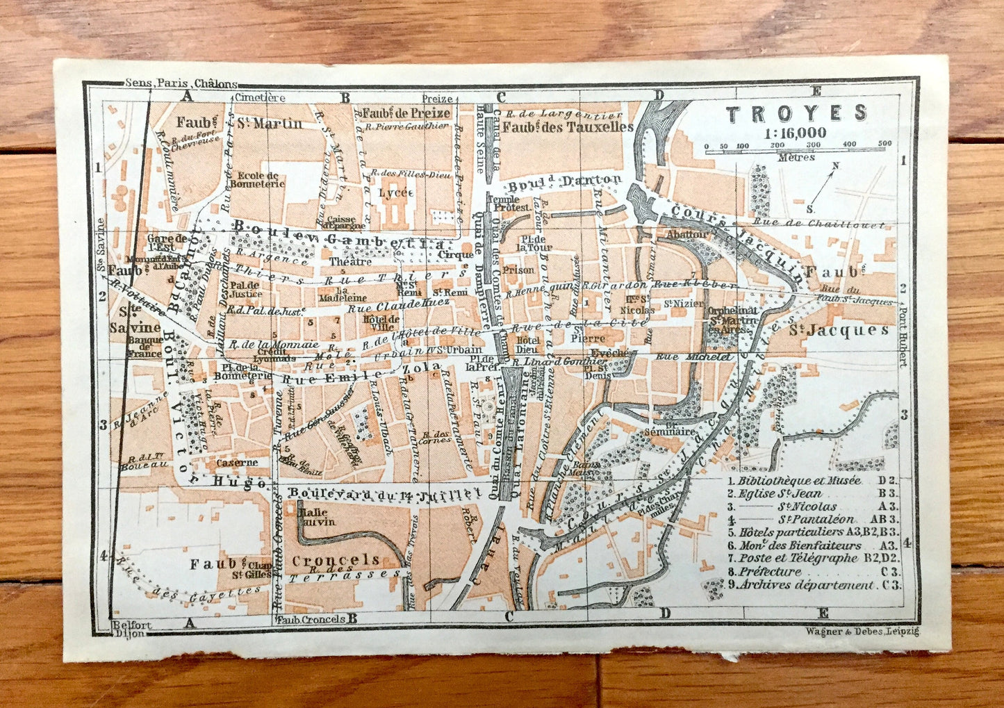 Antique 1909 Troyes, France Map from Baedekers Guide Atlas – Grand Est region, Medieval, Gothic, Boulevard Gambetta, Faubourg St. Jacques