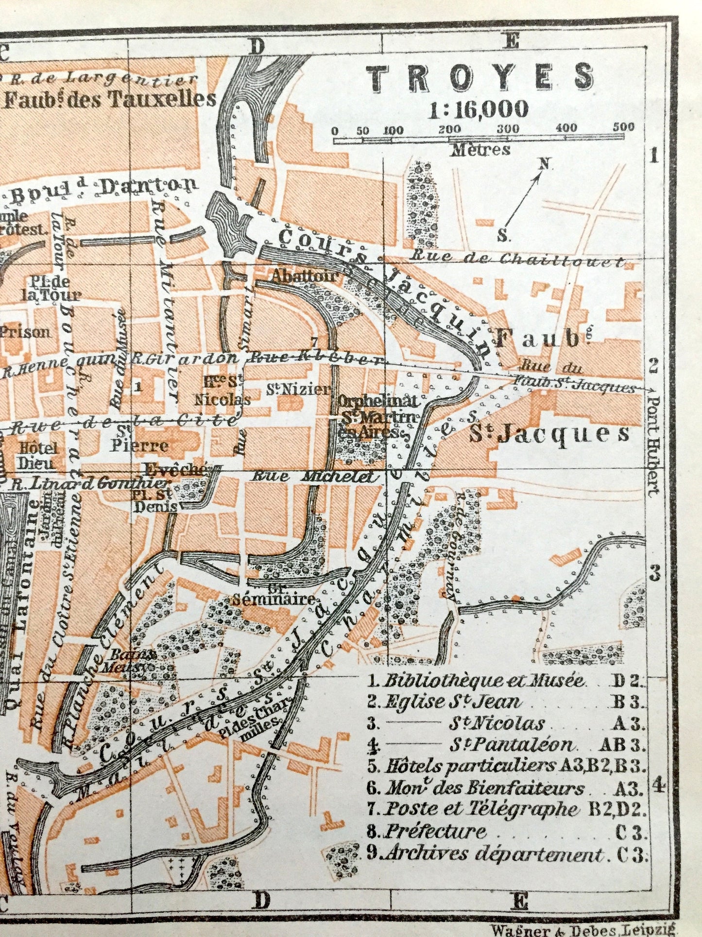 Antique 1909 Troyes, France Map from Baedekers Guide Atlas – Grand Est region, Medieval, Gothic, Boulevard Gambetta, Faubourg St. Jacques
