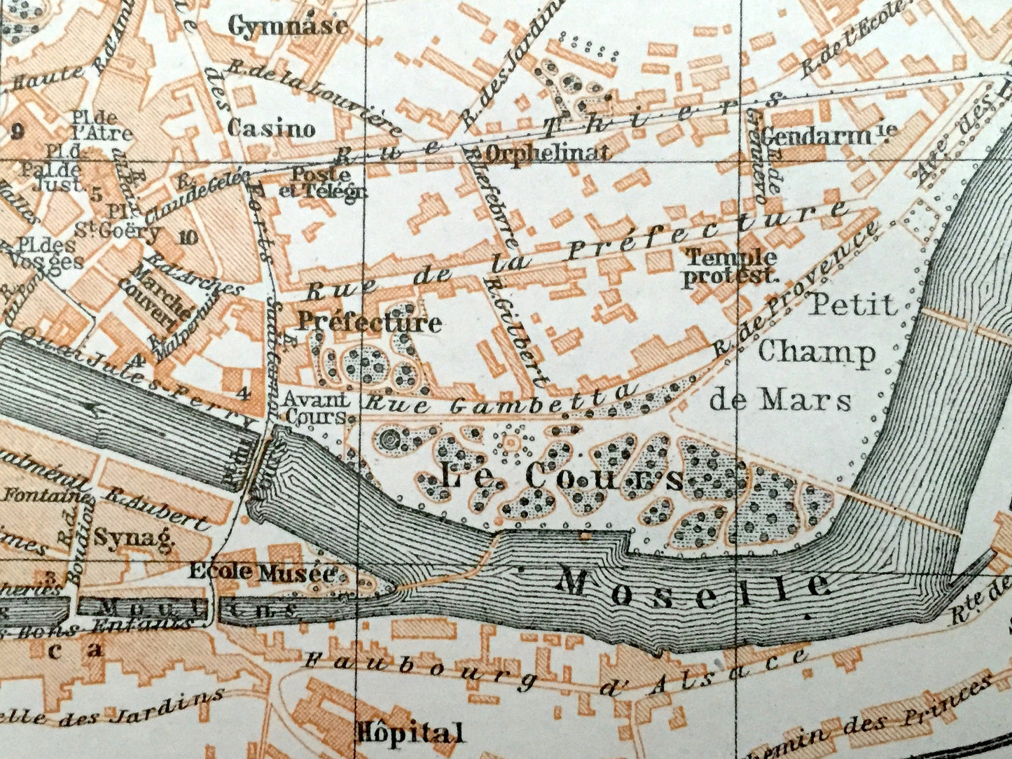 Antique 1909 Epinal, France Map from Baedekers Guide Atlas – Vosges department, Moselle River, Roman House, Medieval castle, Le Cours, Gare