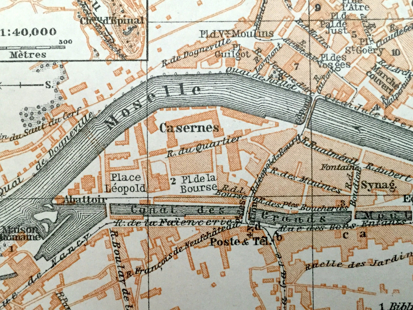 Antique 1909 Epinal, France Map from Baedekers Guide Atlas – Vosges department, Moselle River, Roman House, Medieval castle, Le Cours, Gare