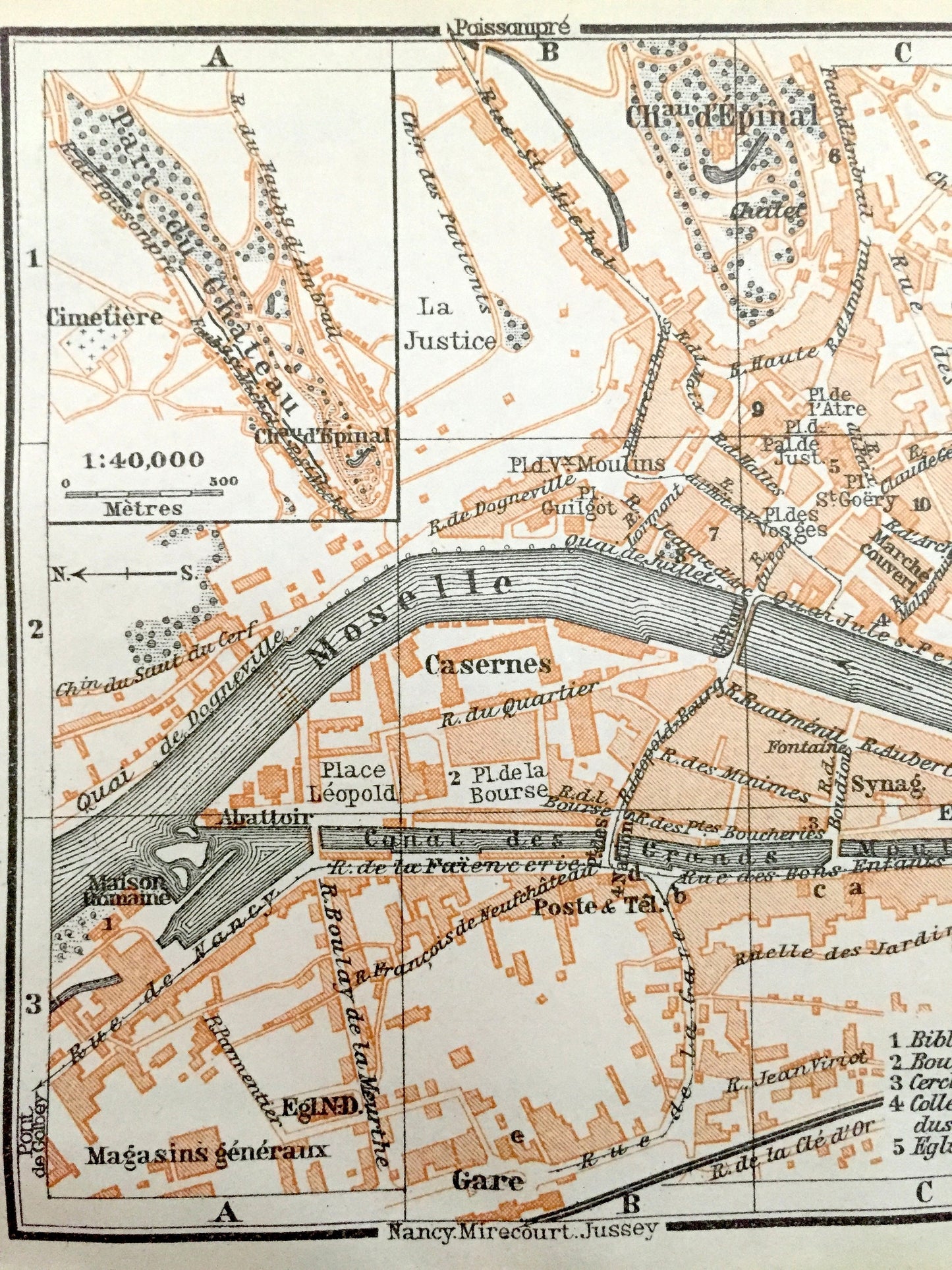 Antique 1909 Epinal, France Map from Baedekers Guide Atlas – Vosges department, Moselle River, Roman House, Medieval castle, Le Cours, Gare