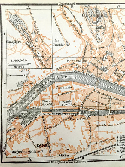 Antique 1909 Epinal, France Map from Baedekers Guide Atlas – Vosges department, Moselle River, Roman House, Medieval castle, Le Cours, Gare