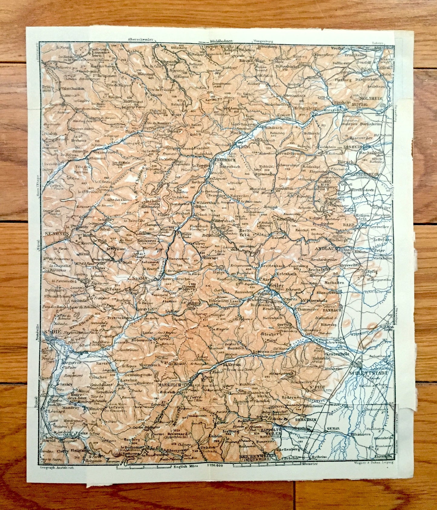 Antique 1909 Eastern France & Austria Map from Baedekers Guide Atlas – St. Die, Weiler, Andlau, Molsheim, Rosheim, Barr, Schlettstadt