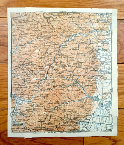 Antique 1909 Eastern France & Austria Map from Baedekers Guide Atlas – St. Die, Weiler, Andlau, Molsheim, Rosheim, Barr, Schlettstadt
