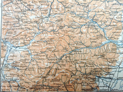 Antique 1909 Eastern France & Austria Map from Baedekers Guide Atlas – St. Die, Weiler, Andlau, Molsheim, Rosheim, Barr, Schlettstadt