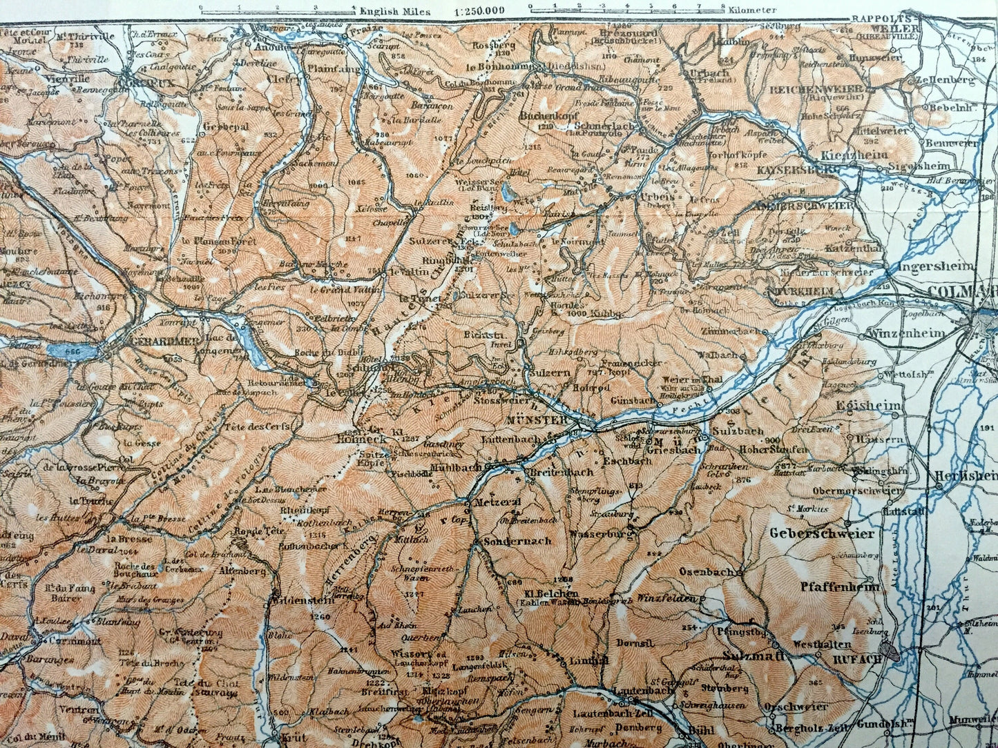 Antique 1909 Eastern France & Germany Map from Baedekers Guide Atlas – Sennheim, Mulhouse, Ensisheim, Colmar, Sulz, Munster, Gebweiler