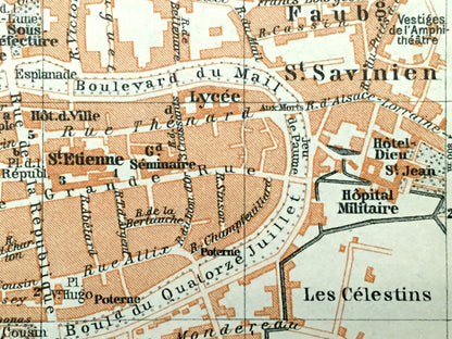 Antique 1909 Sens, France Map from Baedekers Guide Atlas – Yonne department, Bourgogne-Franche-Comté, Yonne River, Les Celestins, Gare