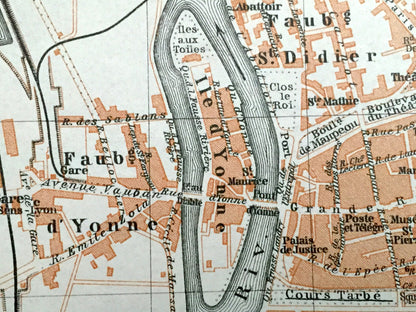 Antique 1909 Sens, France Map from Baedekers Guide Atlas – Yonne department, Bourgogne-Franche-Comté, Yonne River, Les Celestins, Gare