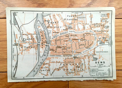 Antique 1909 Sens, France Map from Baedekers Guide Atlas – Yonne department, Bourgogne-Franche-Comté, Yonne River, Les Celestins, Gare