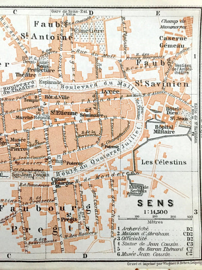 Antique 1909 Sens, France Map from Baedekers Guide Atlas – Yonne department, Bourgogne-Franche-Comté, Yonne River, Les Celestins, Gare