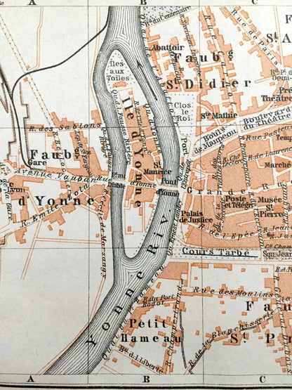 Antique 1909 Sens, France Map from Baedekers Guide Atlas – Yonne department, Bourgogne-Franche-Comté, Yonne River, Les Celestins, Gare
