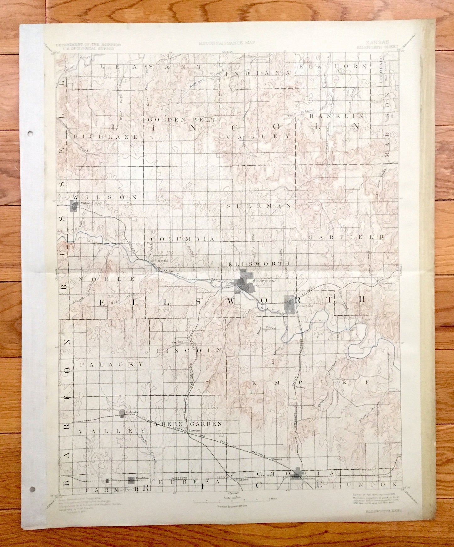 Antique Ellsworth, Kansas 1894 US Geological Survey Topographic Map – Lincoln, Rice County, Kanopolis, Wilson, Holyrood, Geneseo, Bushton KS