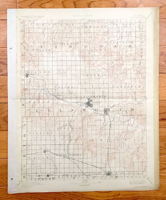 Antique Ellsworth, Kansas 1894 US Geological Survey Topographic Map – Lincoln, Rice County, Kanopolis, Wilson, Holyrood, Geneseo, Bushton KS