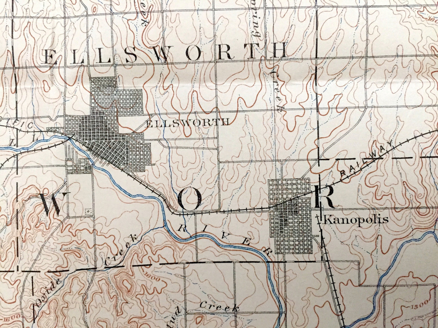 Antique Ellsworth, Kansas 1894 US Geological Survey Topographic Map – Lincoln, Rice County, Kanopolis, Wilson, Holyrood, Geneseo, Bushton KS