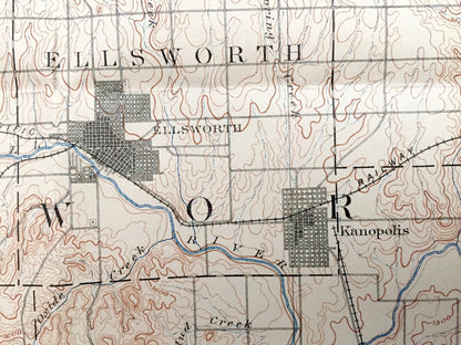 Antique Ellsworth, Kansas 1894 US Geological Survey Topographic Map – Lincoln, Rice County, Kanopolis, Wilson, Holyrood, Geneseo, Bushton KS