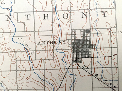 Antique Anthony, Kansas 1891 US Geological Survey Topographic Map – Ruella, Greene, Cedar, Hazelton, Blaine, Eagle, Spring, Sharon Banner KS
