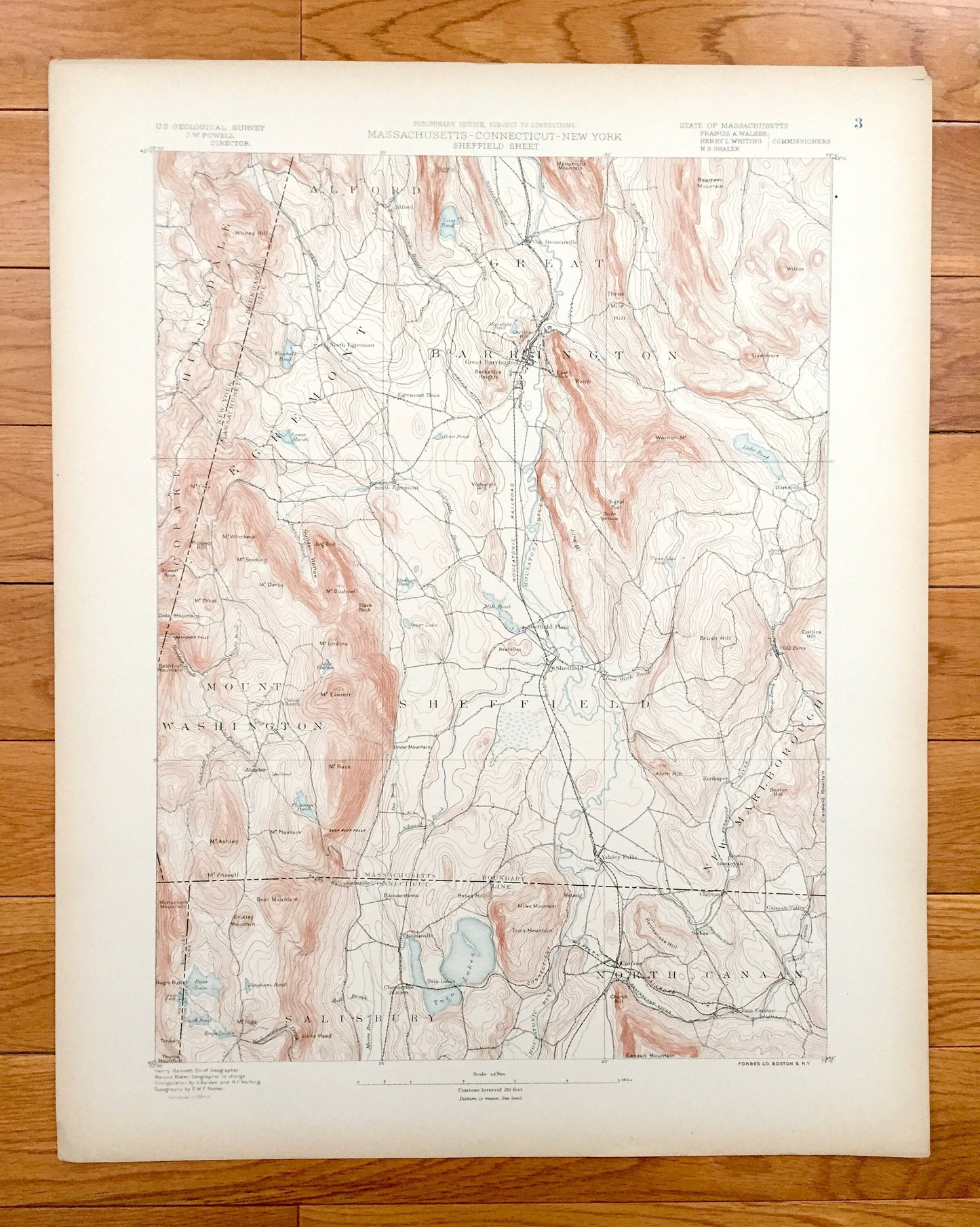 Antique Sheffield, Massachusetts 1885 US Geological Survey Topographic Map – Mount Washington, Great Barrington, Canaan, Berkshires MA CT ny