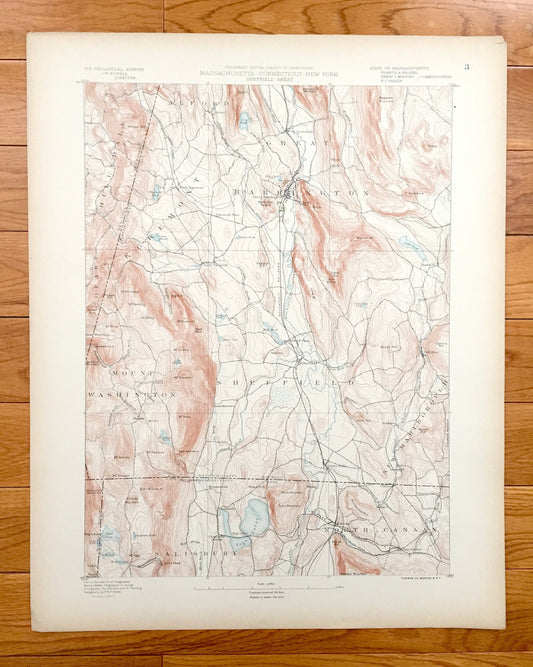 Antique Sheffield, Massachusetts 1885 US Geological Survey Topographic Map – Mount Washington, Great Barrington, Canaan, Berkshires MA CT ny