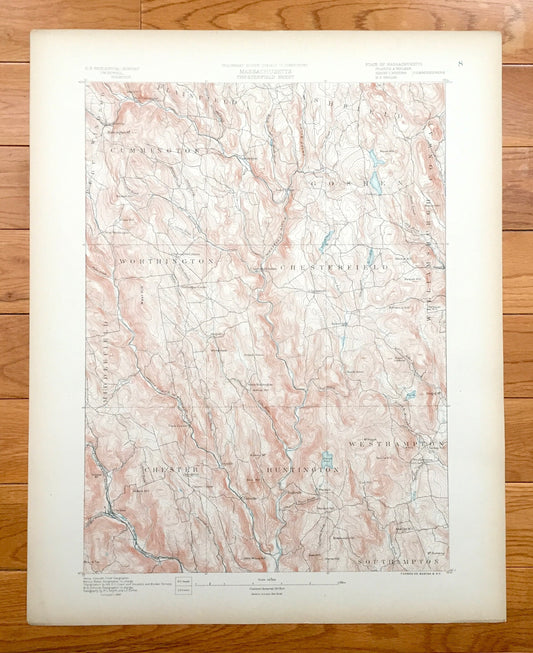 Antique Chesterfield, Massachusetts 1886 US Geological Survey Topographic Map – Westhampton, Worthington, Goshen Chester Hampshire County MA