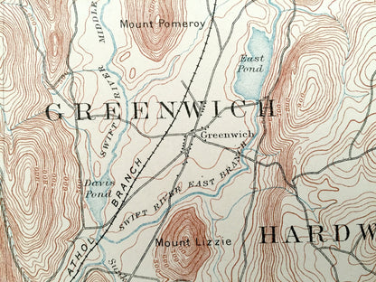 Antique Enfield, Massachusetts BEFORE Quabbin Reservoir 1885 US Geological Survey Topographic Map – Dana, Prescott Greenwich Ware Amherst MA