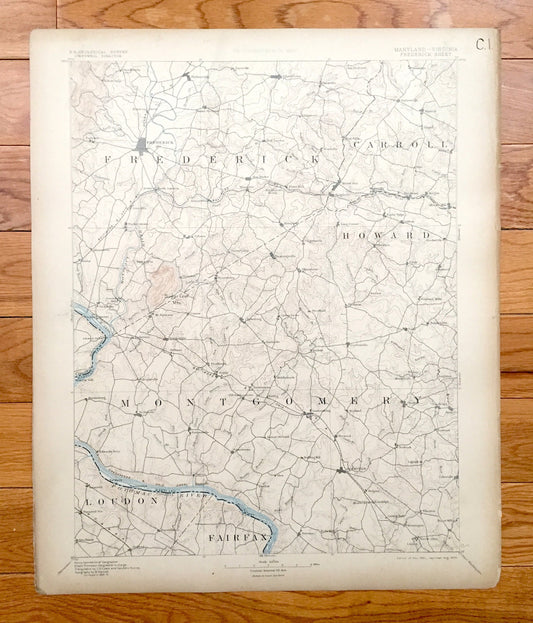 Antique Frederick, Maryland 1894 US Geological Survey Topographic Map – Gaithersburg, Rockville, Mt Airy, County, Bethesda, Virginia, MD VA
